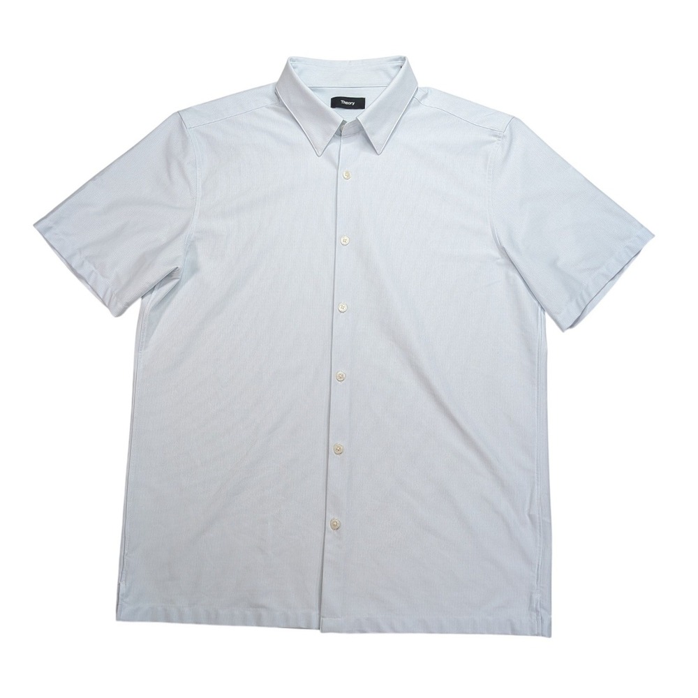 Theory Irving Aster Stripe Shirt Mens L Blue White Short Sleeve Button Up